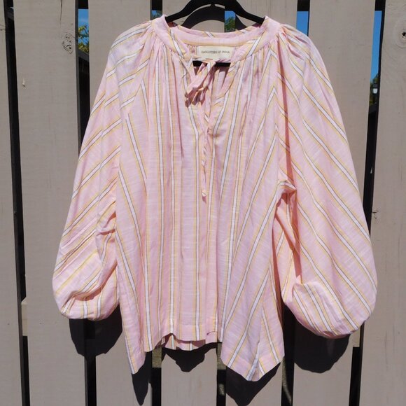 Daughters of India Poet Blouse | Pink Sorbet | Stripes | Boho | VGUC | XL - Picture 2 of 10